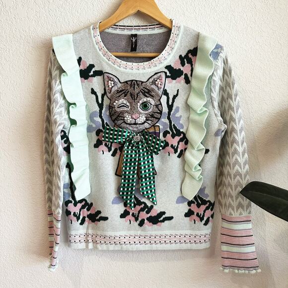 Embroidered Cat Sweater Small? Embellished Ruffle Harajuku Kawaii Maximalist - Picture 1 of 6